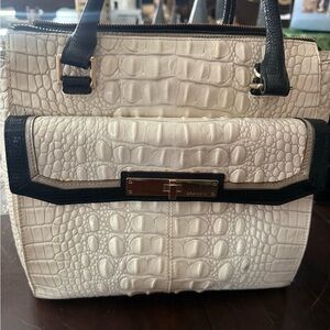 Brahmin White and Black Crocodile-Embossed Satchel